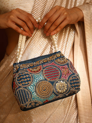 Priyaasi Navy Blue Multicolor Thread embroidery Design Potli Bag