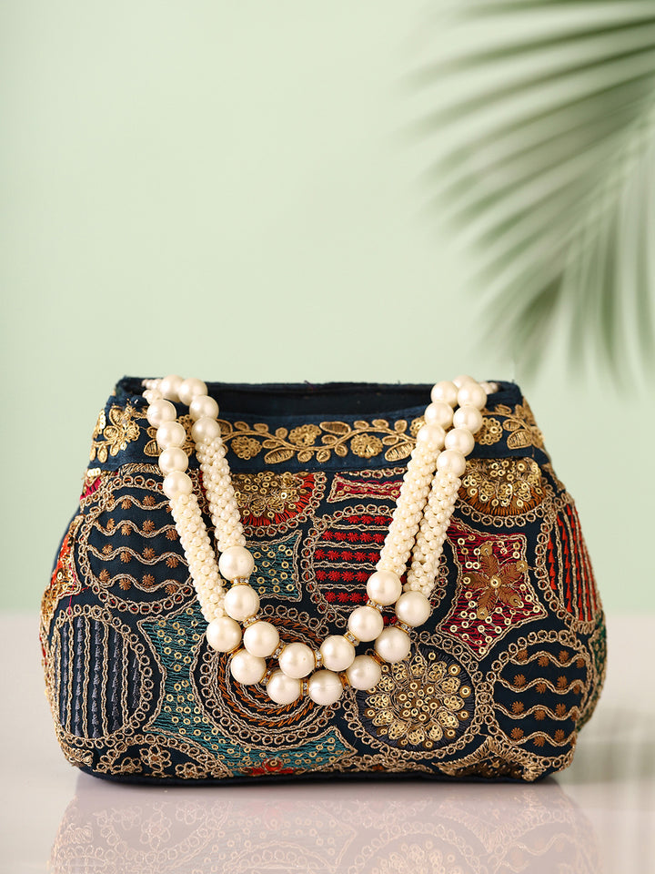 Priyaasi Navy Blue Multicolor Thread embroidery Design Potli Bag