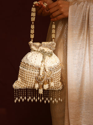 Priyaasi Cream Pearl Designary Tassels Potli Bag