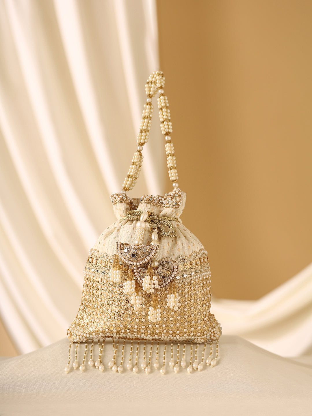 Priyaasi Cream Pearl Designary Tassels Potli Bag