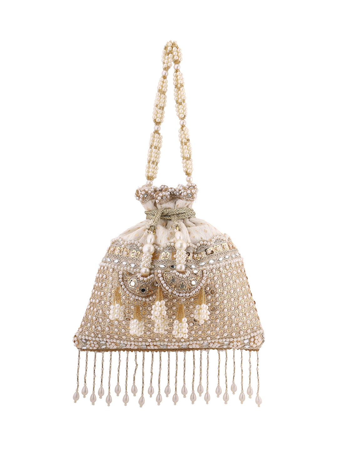 Priyaasi Cream Pearl Designary Tassels Potli Bag