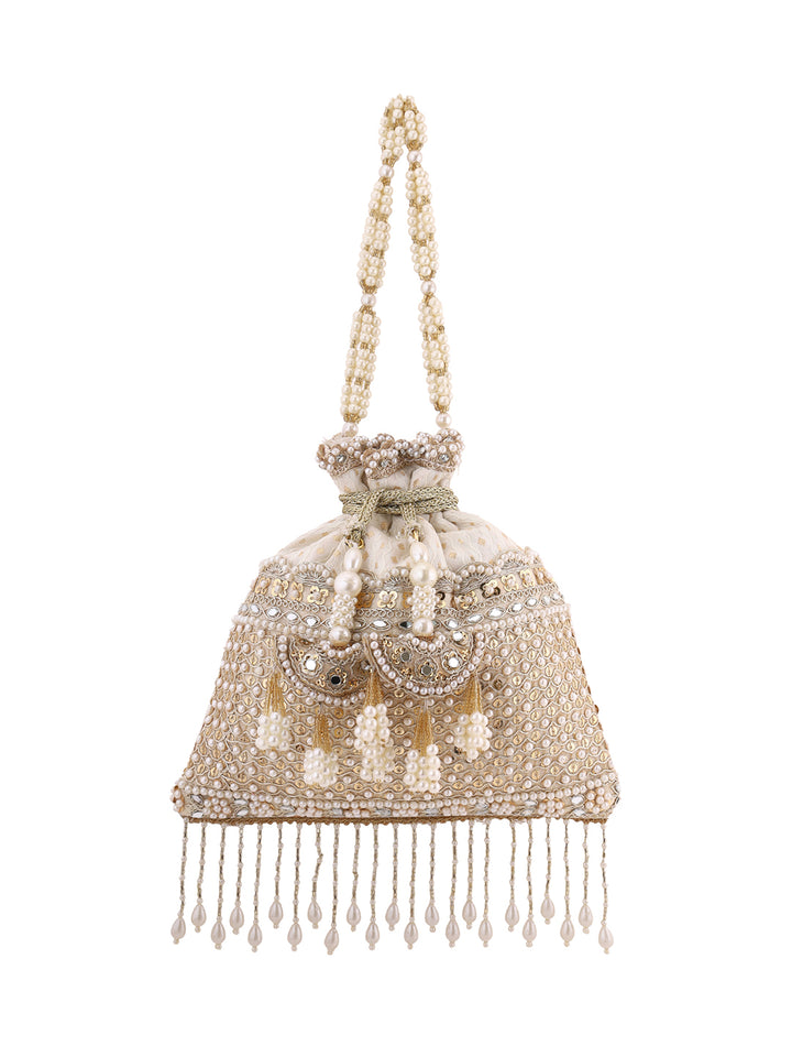 Priyaasi Cream Pearl Designary Tassels Potli Bag