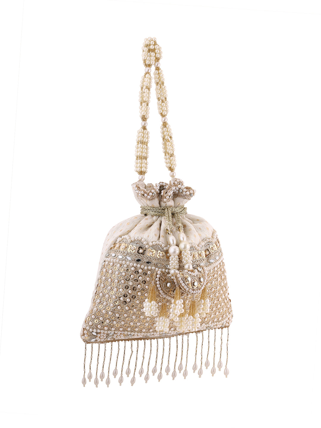 Priyaasi Cream Pearl Designary Tassels Potli Bag