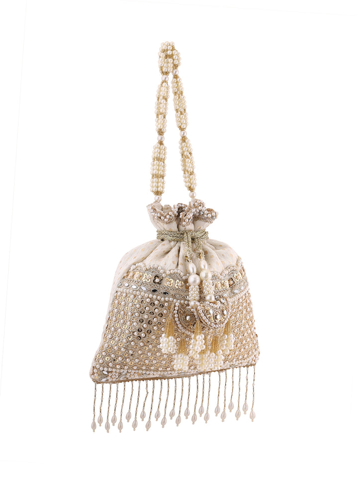 Priyaasi Cream Pearl Designary Tassels Potli Bag