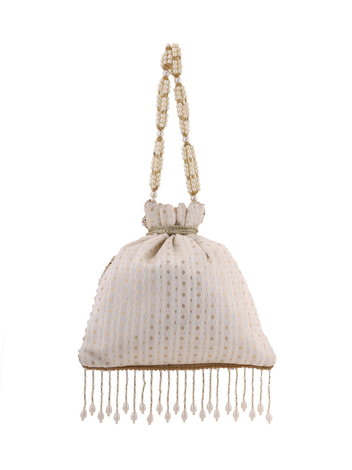 Priyaasi Cream Pearl Designary Tassels Potli Bag