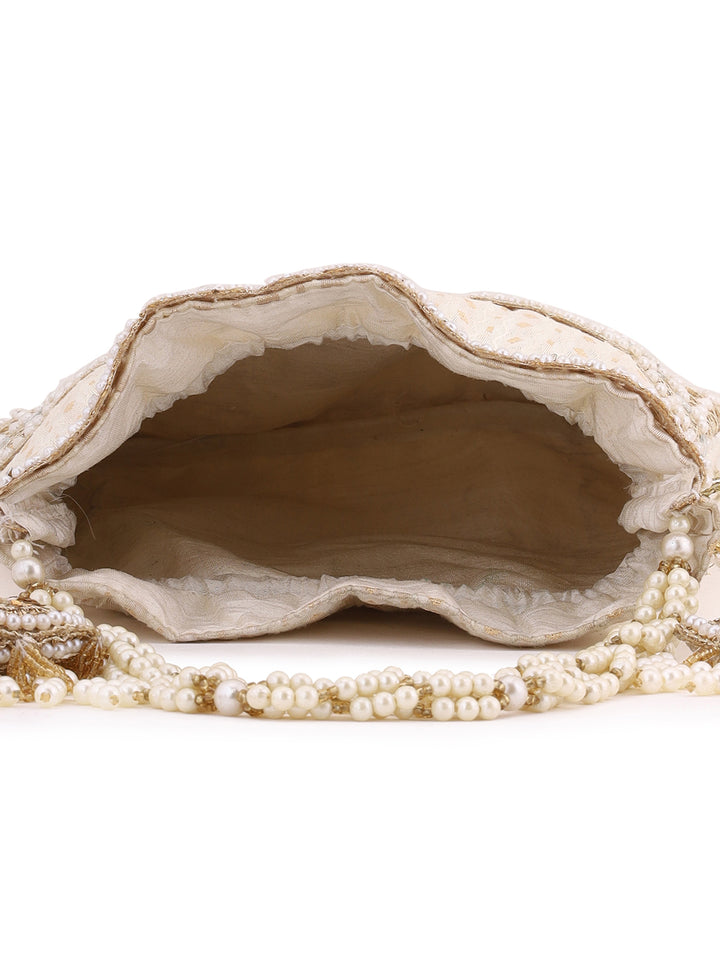 Priyaasi Cream Pearl Designary Tassels Potli Bag