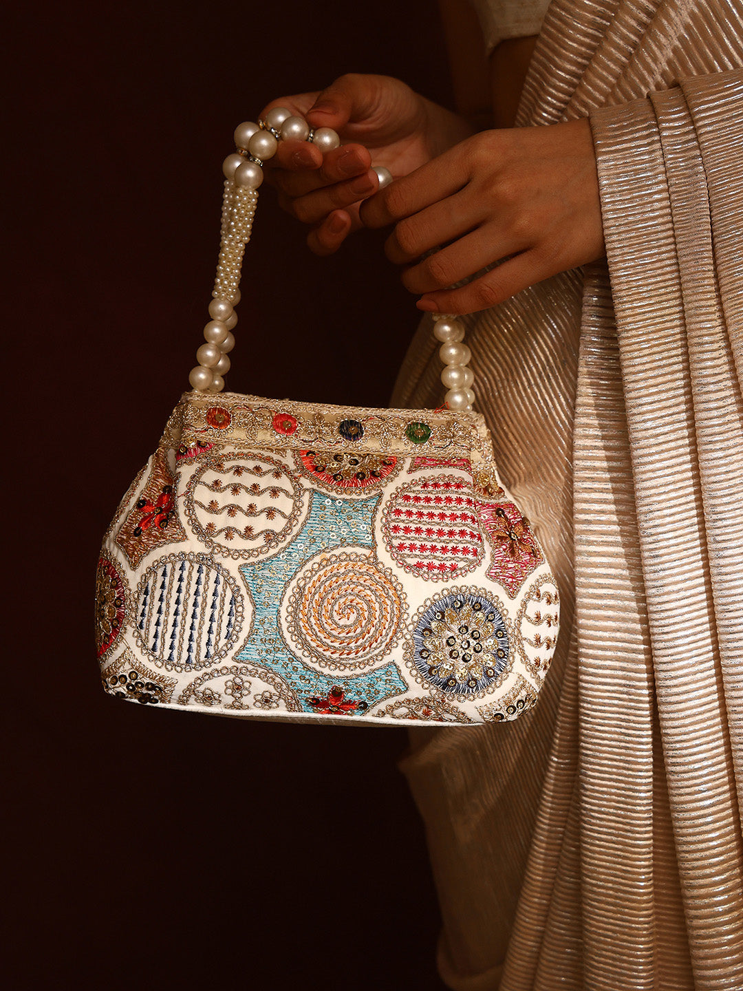 Priyaasi Off -White Multicolor Thread embroidery Design Potli Bag