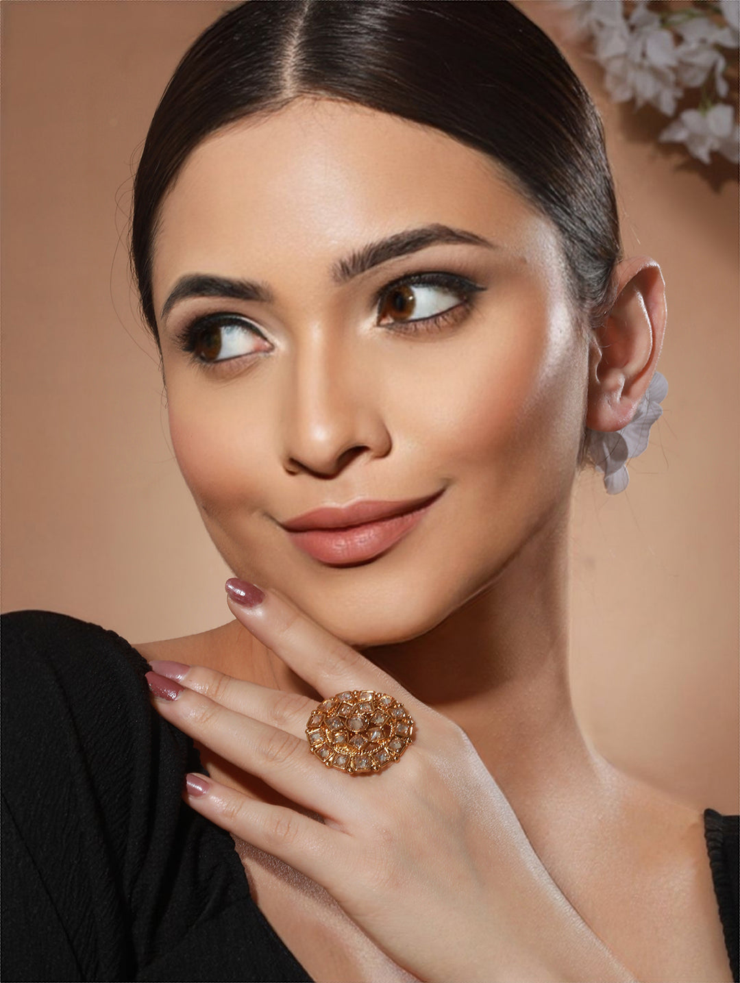 Priyaasi Geometric Flower Studded Gold-Plated Ring