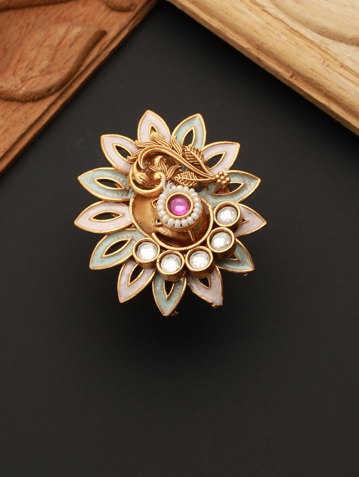 Studded Floral Meenakari Beaded Gold-Plated Adjustable Ring