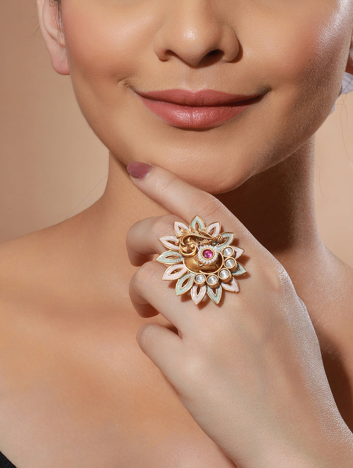 Studded Floral Meenakari Beaded Gold-Plated Adjustable Ring