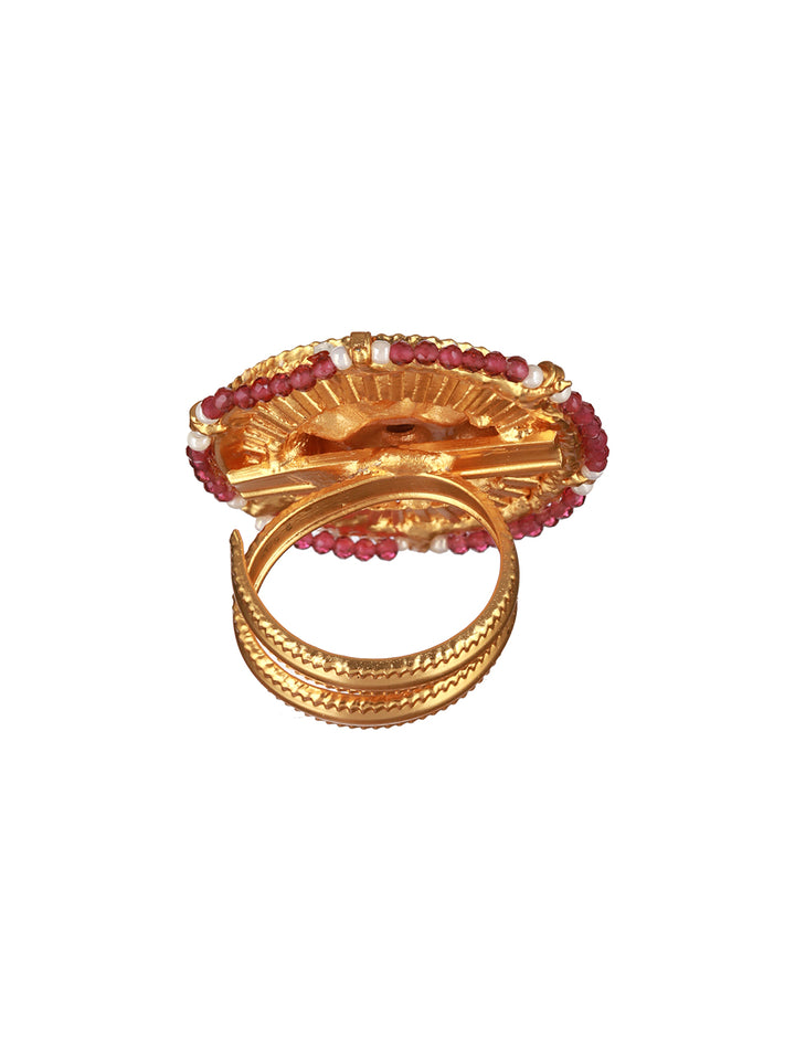 Studded Pink Flower Beaded Gold-Plated Ring