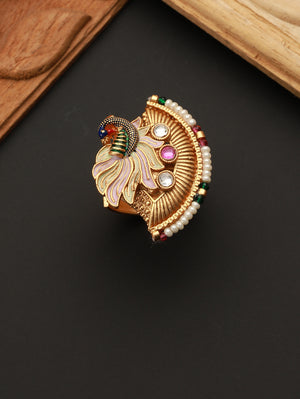 Multicolor Peacock Half-Flower Beaded Gold-Plated Ring