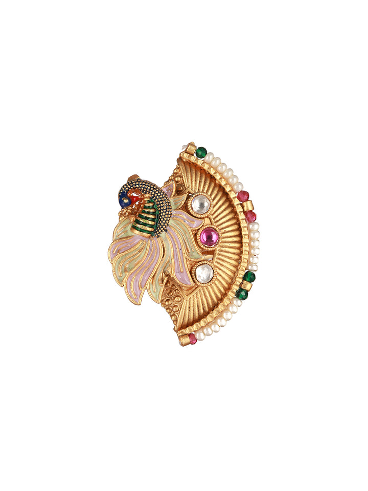 Multicolor Peacock Half-Flower Beaded Gold-Plated Ring