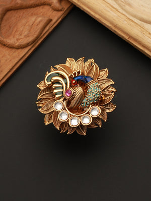Multicolor Studded Peacock Meenakari Gold-Plated Ring
