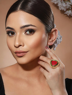 Priyaasi Pink Stone Studded Pearl Gold-Plated Ring