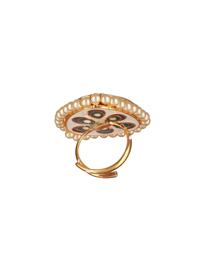 Priyaasi Pink Stone Studded Pearl Gold-Plated Ring