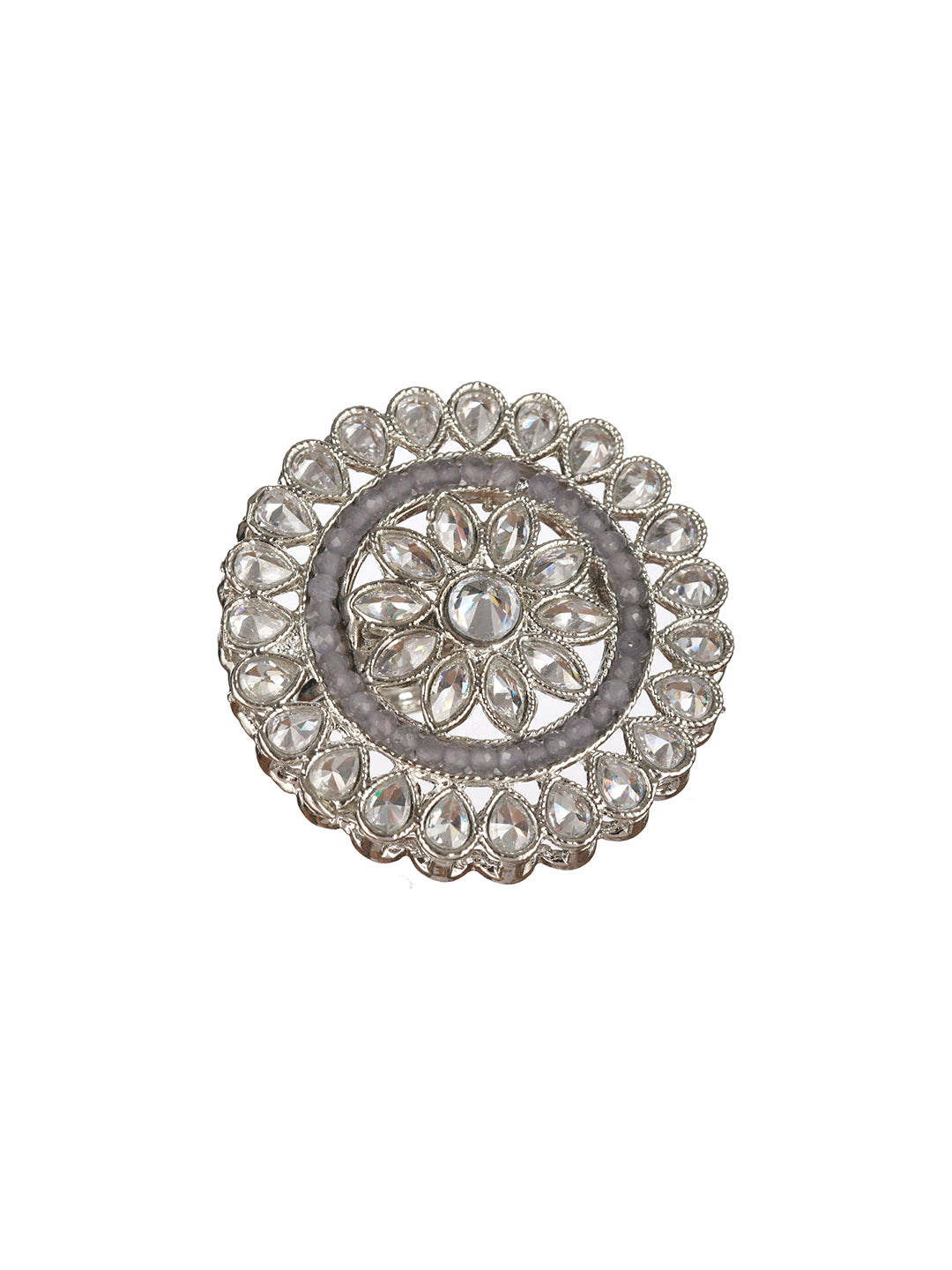 Priyaasi Round Floral American Diamond Silver-Plated Ring