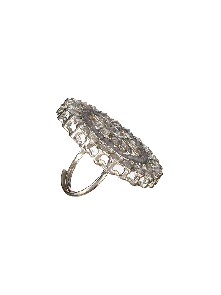 Priyaasi Round Floral American Diamond Silver-Plated Ring