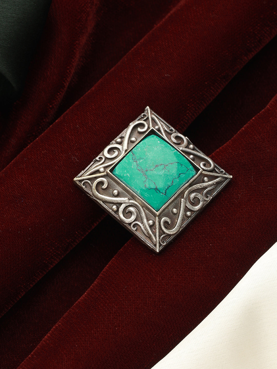 Priyaasi Green Stone Square Motif Oxidised Silver Ring