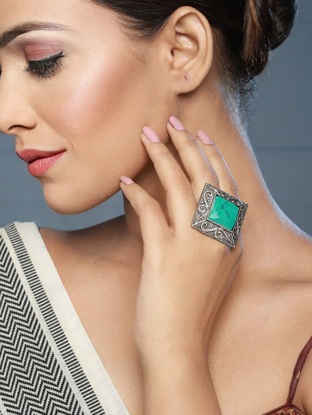 Priyaasi Green Stone Square Motif Oxidised Silver Ring