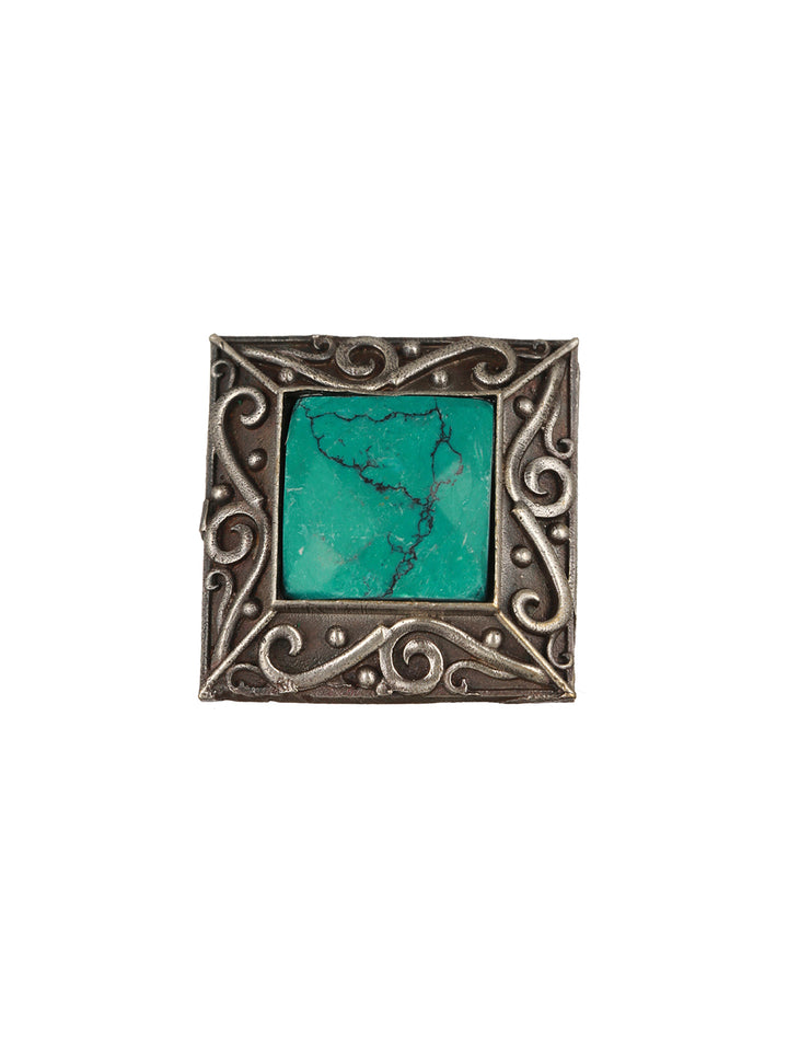 Priyaasi Green Stone Square Motif Oxidised Silver Ring