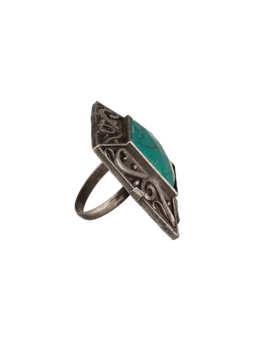 Priyaasi Green Stone Square Motif Oxidised Silver Ring