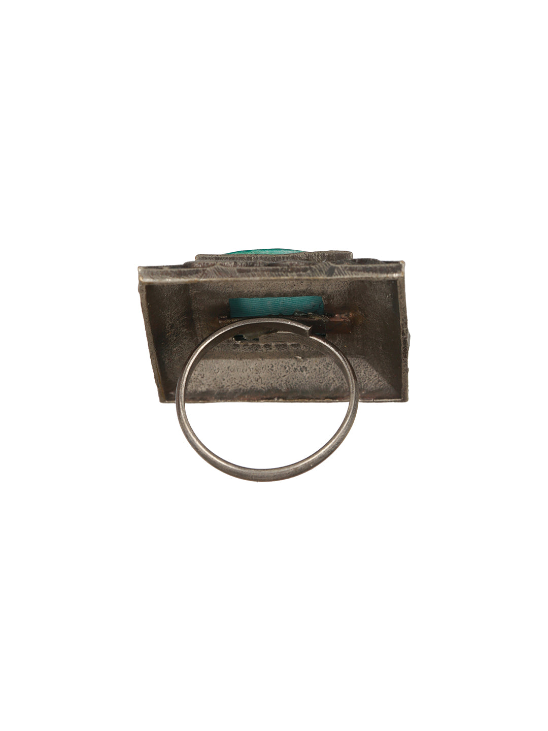 Priyaasi Green Stone Square Motif Oxidised Silver Ring