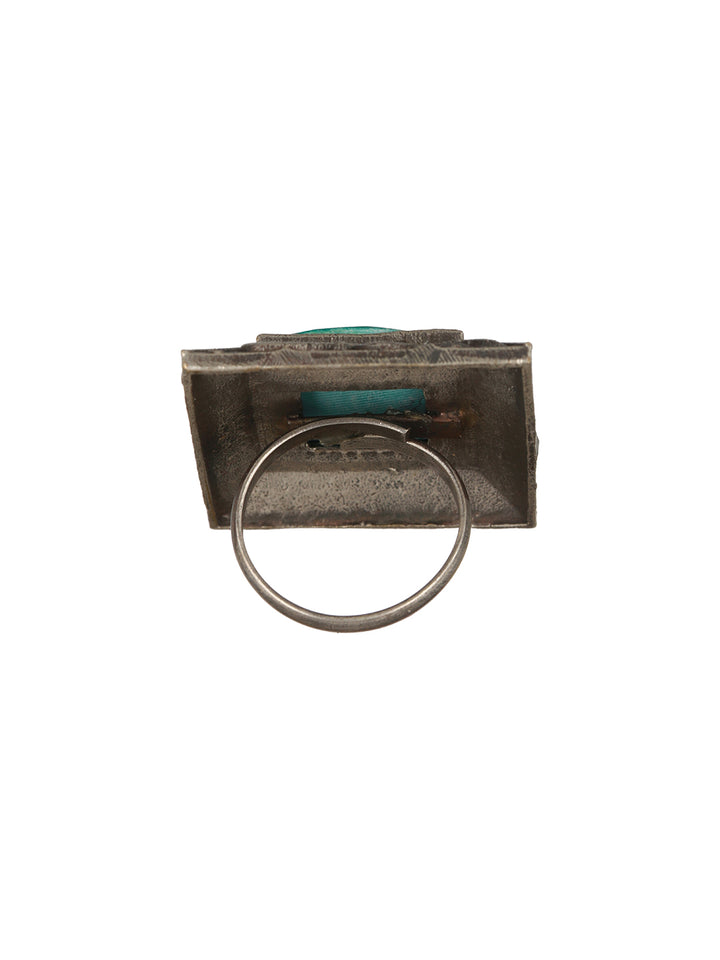 Priyaasi Green Stone Square Motif Oxidised Silver Ring