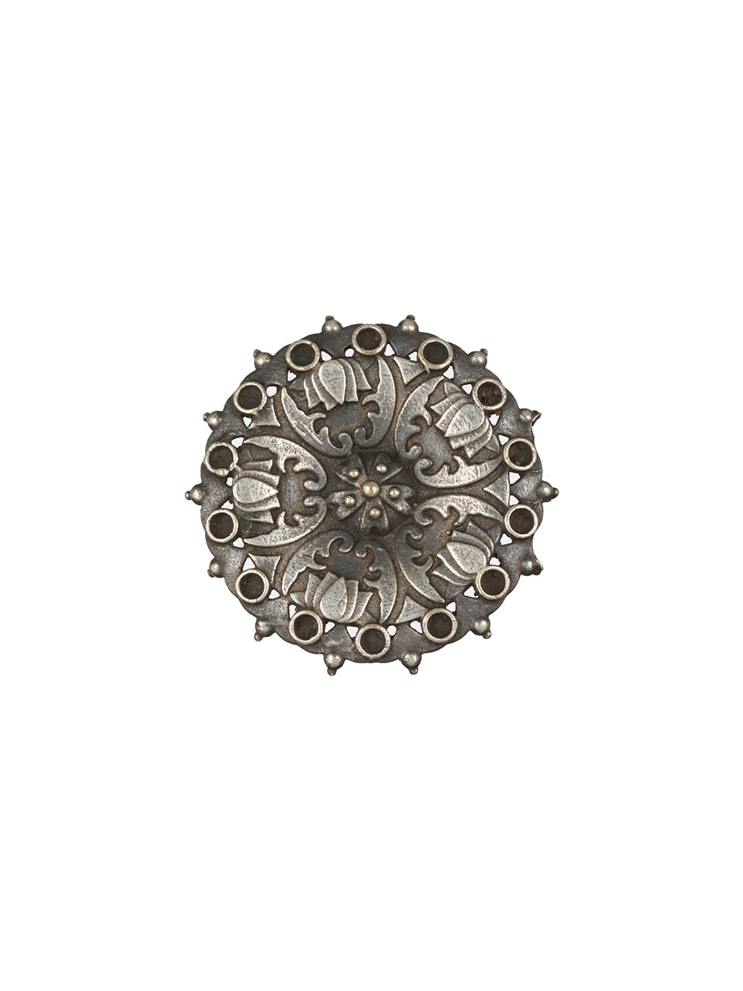 Priyaasi Big Flower Round Oxidised Silver-Plated Ring