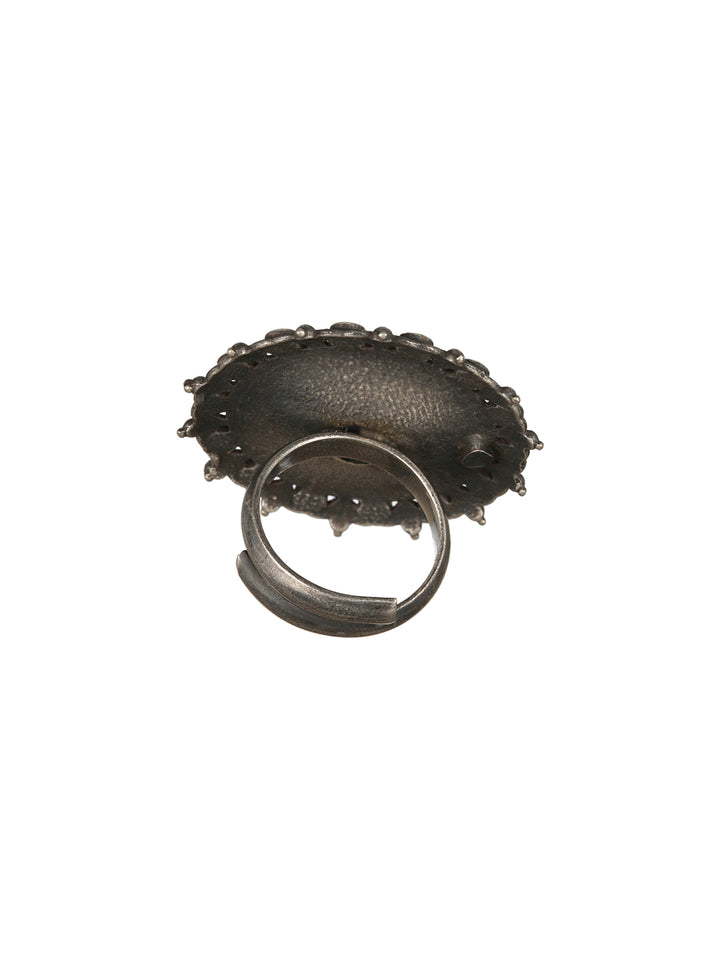 Priyaasi Big Flower Round Oxidised Silver-Plated Ring