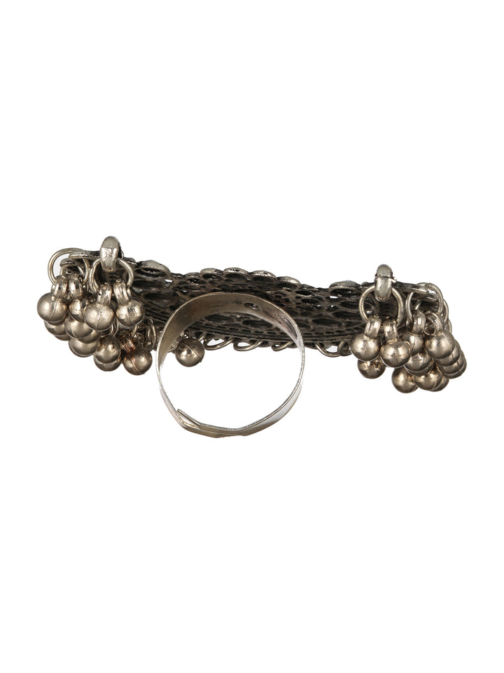 Priyaasi Half-Flower Ghunghroo Oxidised Silver Ring
