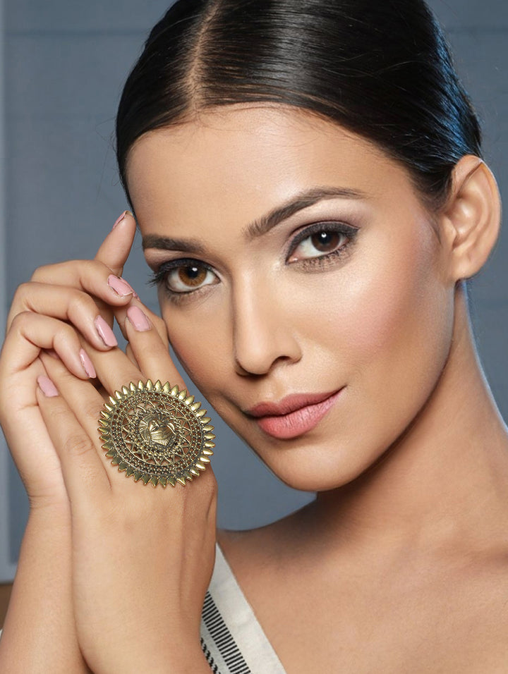Priyaasi Statement Mummy Motif Oxidised Gold-Plated Ring