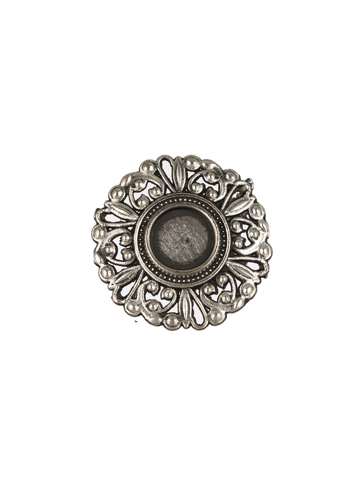 Priyaasi Round Floral Motif Oxidised Silver Ring