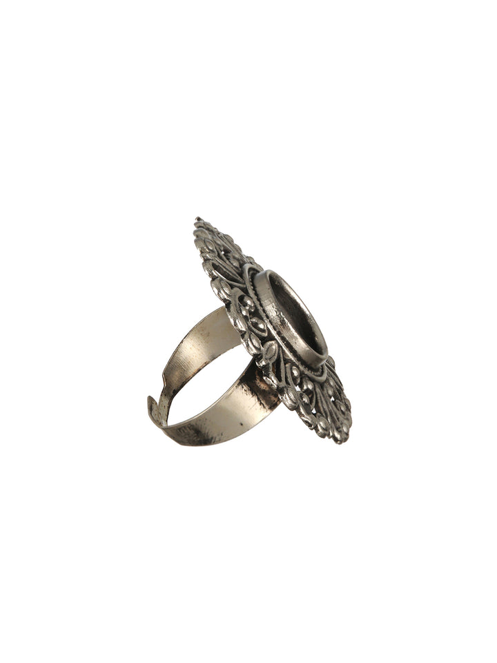 Priyaasi Round Floral Motif Oxidised Silver Ring