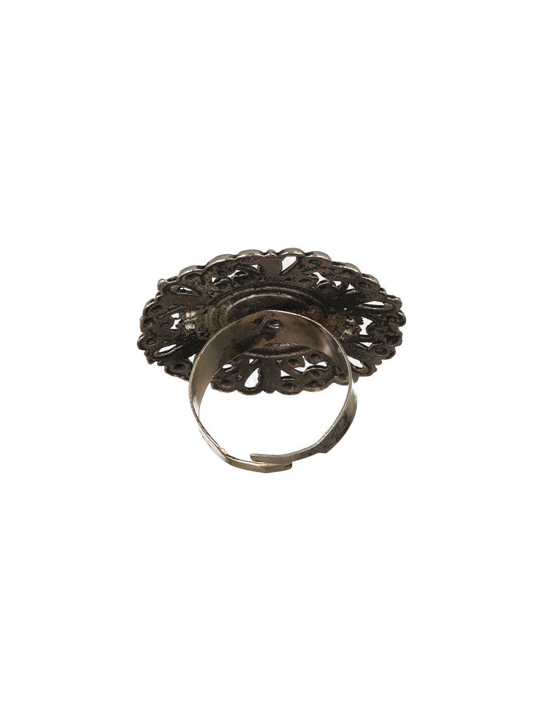 Priyaasi Round Floral Motif Oxidised Silver Ring