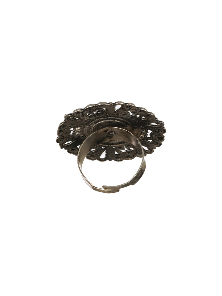 Priyaasi Round Floral Motif Oxidised Silver Ring