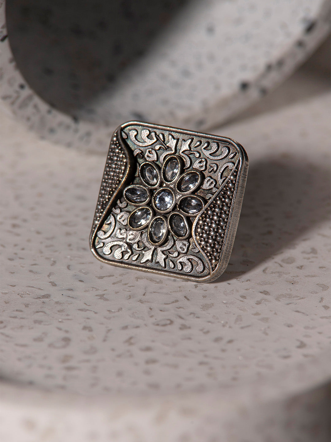 Priyaasi Antique Oxidised Silver Plated Floral Ring