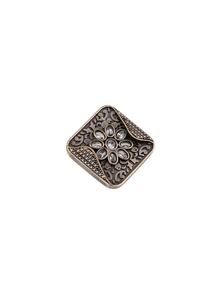 Priyaasi Antique Oxidised Silver Plated Floral Ring