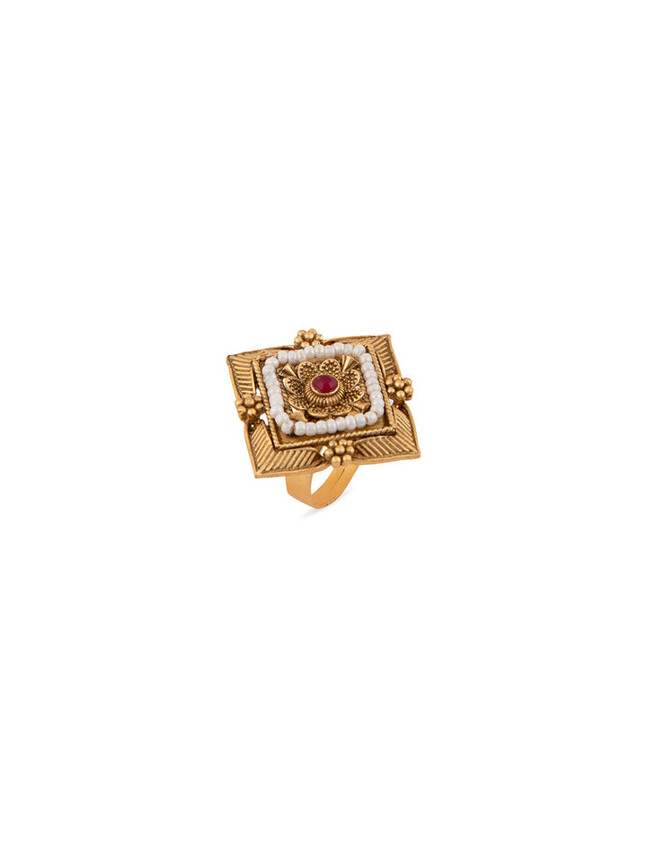 Priyaasi Square Shaped Gold Plated Floral Ring