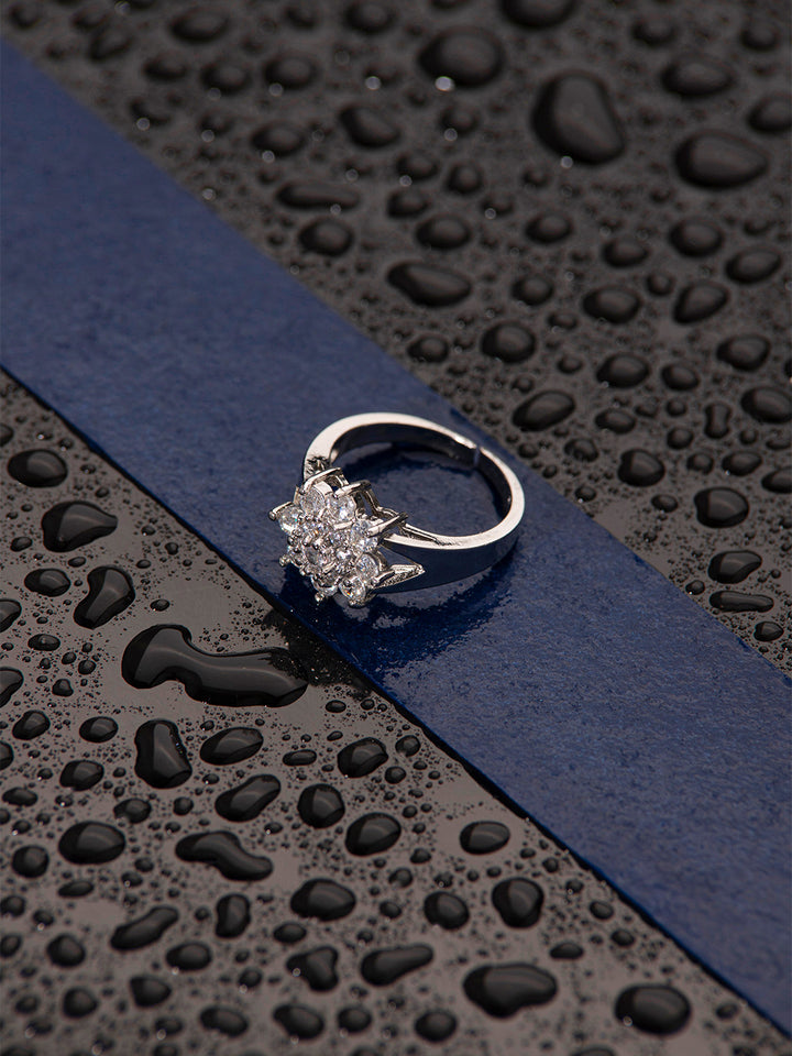 Priyaasi American Diamond Silver Plated Floral Ring