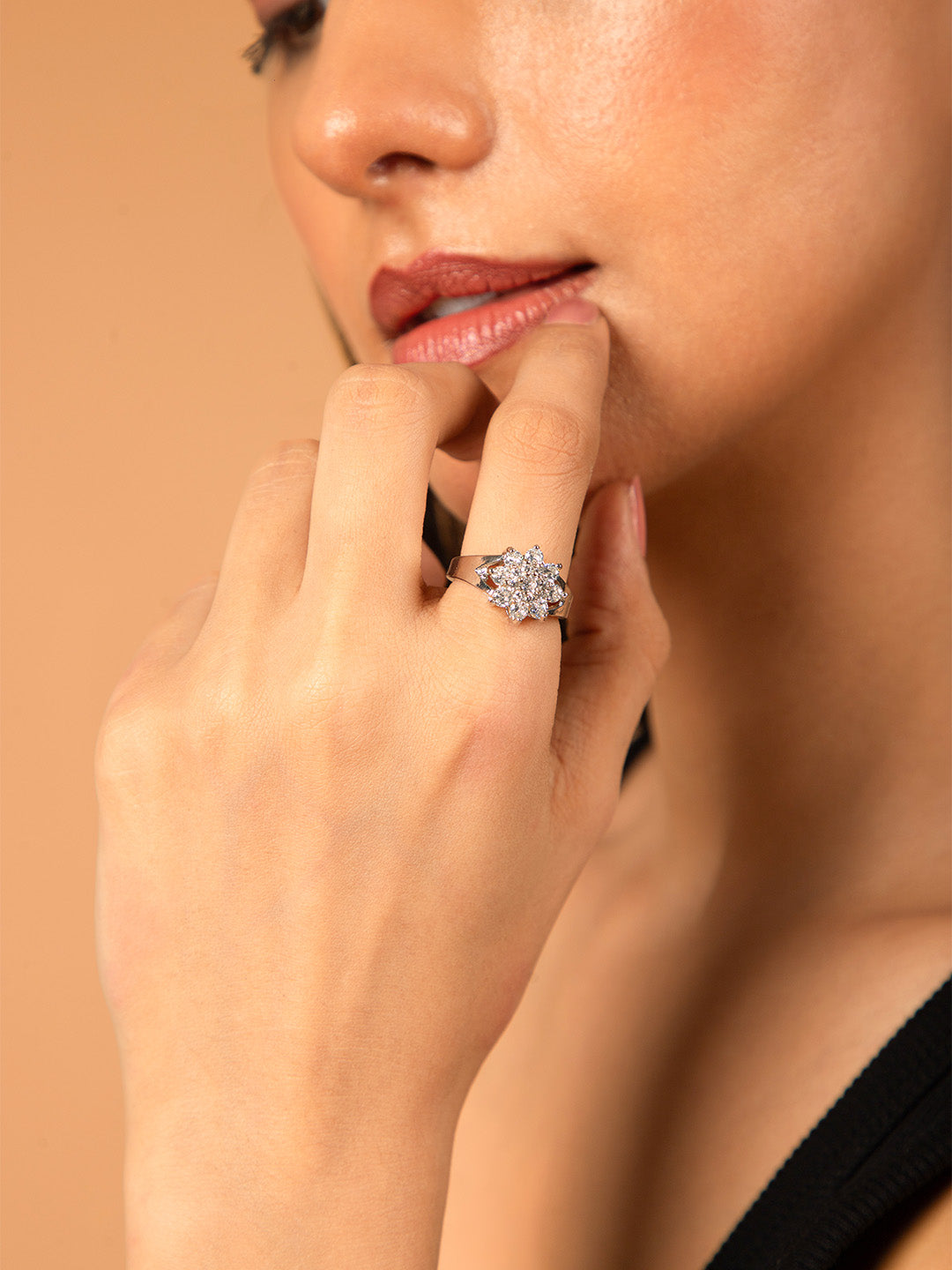 Priyaasi American Diamond Silver Plated Floral Ring