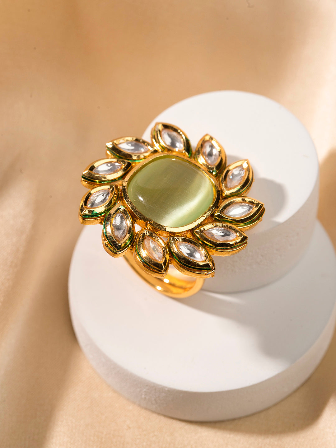 Priyaasi Green Stone Gold Plated Kundan Ring