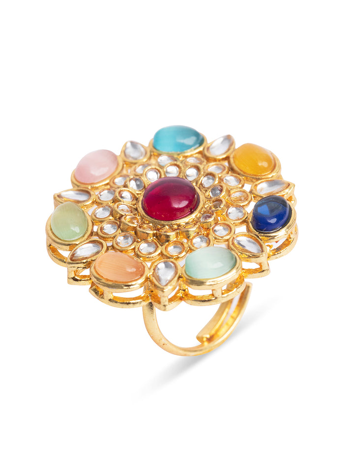 Priyaasi Coloured Stone Studded Gold Plated Floral Ring