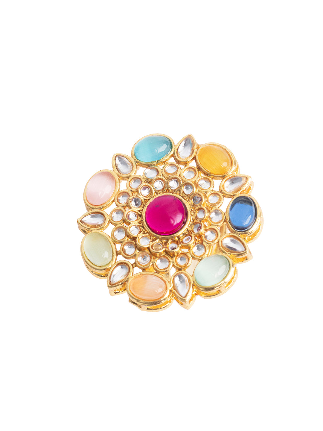 Priyaasi Coloured Stone Studded Gold Plated Floral Ring