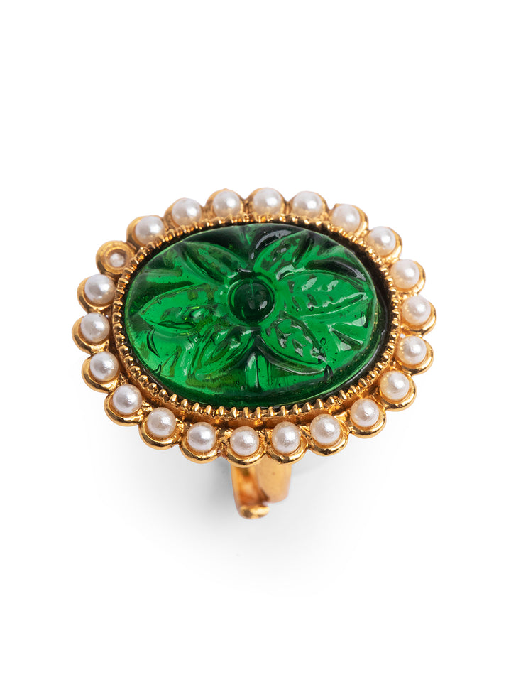 Priyaasi Green Stone Studded Textured Gold Plated Ring