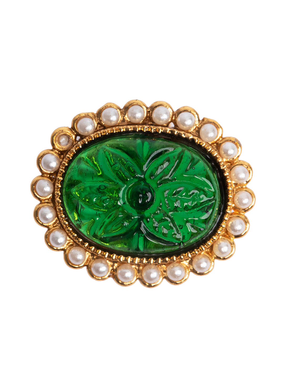 Priyaasi Green Stone Studded Textured Gold Plated Ring