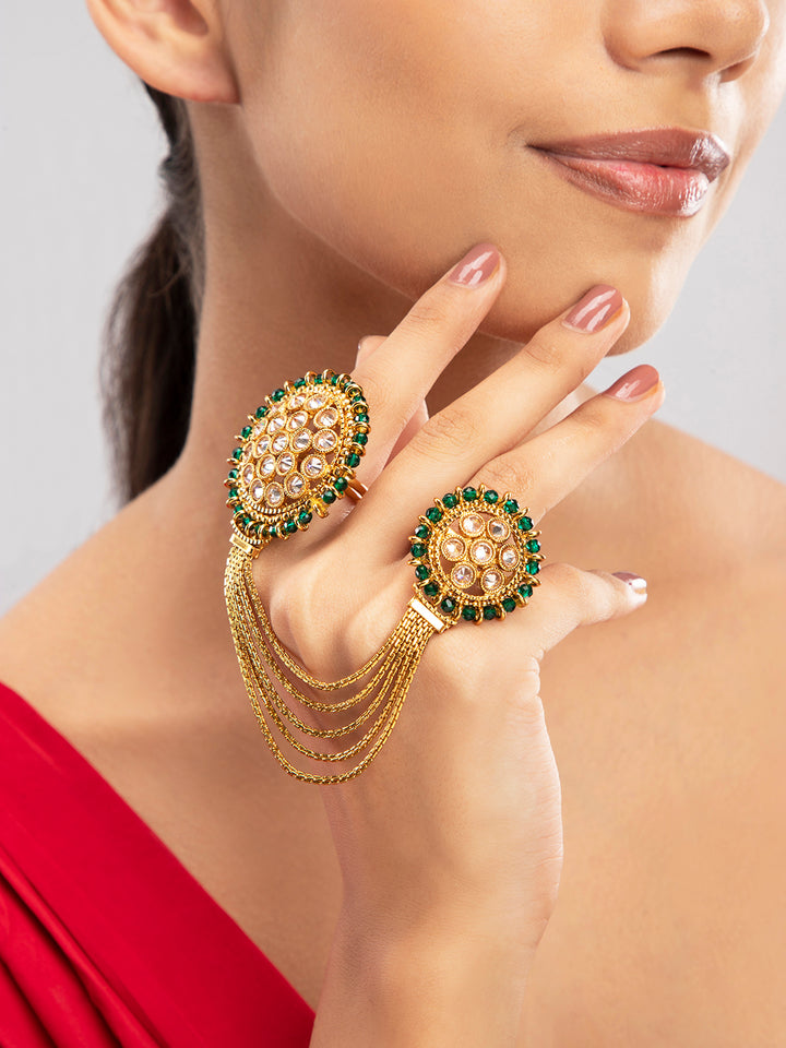 Priyaasi Green Stone Studded Gold Plated Dual Ring