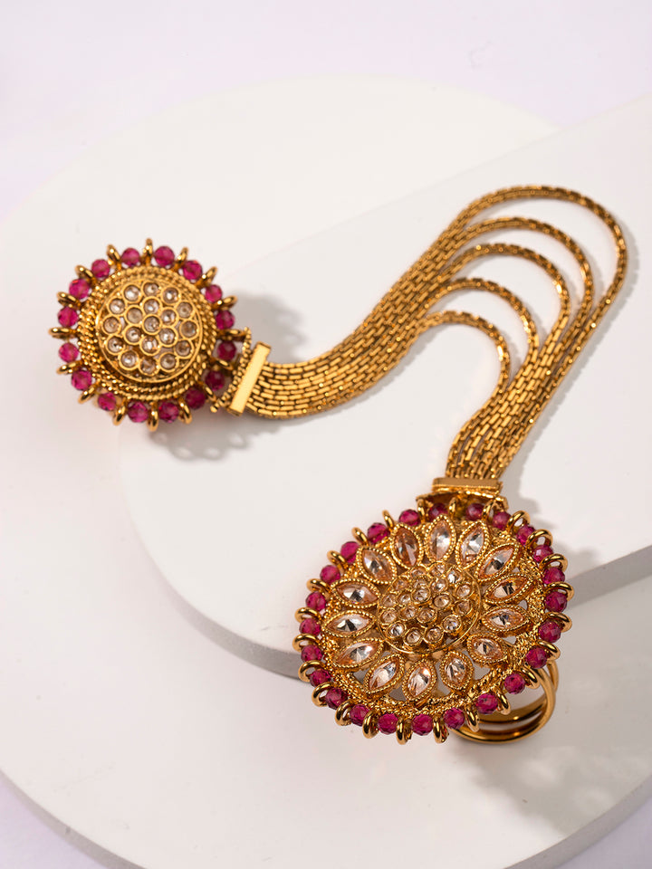 Priyaasi Magenta Stone Studded Gold Plated Dual Ring