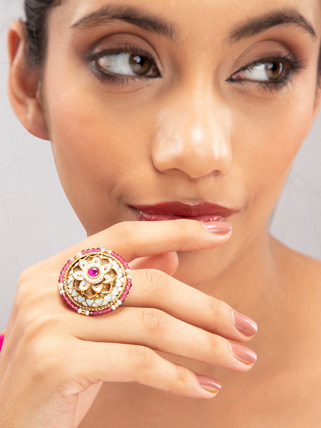 Priyaasi Gold Plated Stone Studded Floral Meenakari Ring
