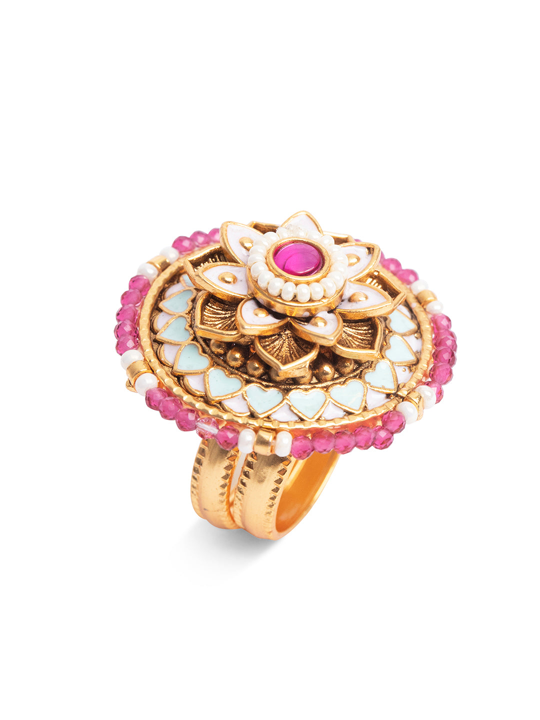 Priyaasi Gold Plated Stone Studded Floral Meenakari Ring